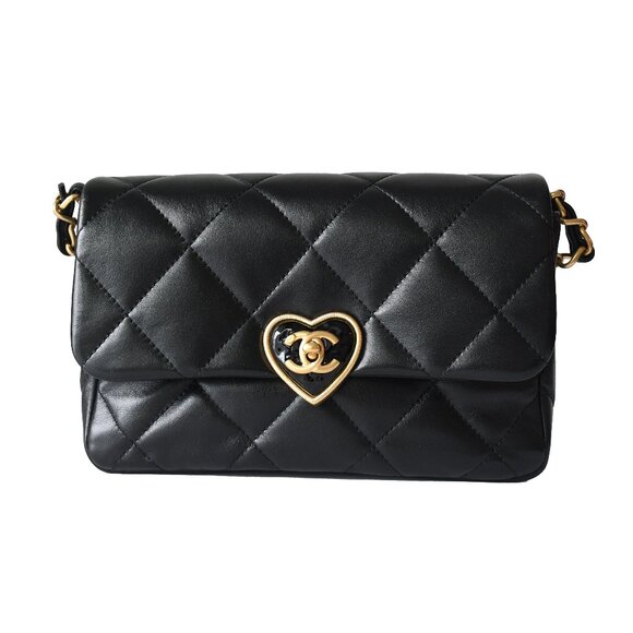Chanel Lambskin Quilted Coco Love CC Heart Flap Bag Black - Picture 1 of 3